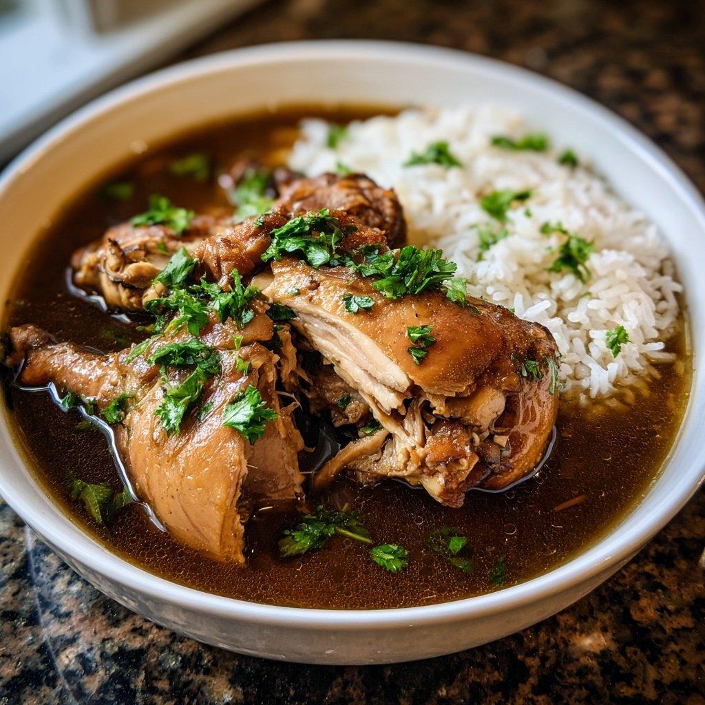 Caramelised Soy Chicken in Garlic Ginger Broth with Rice